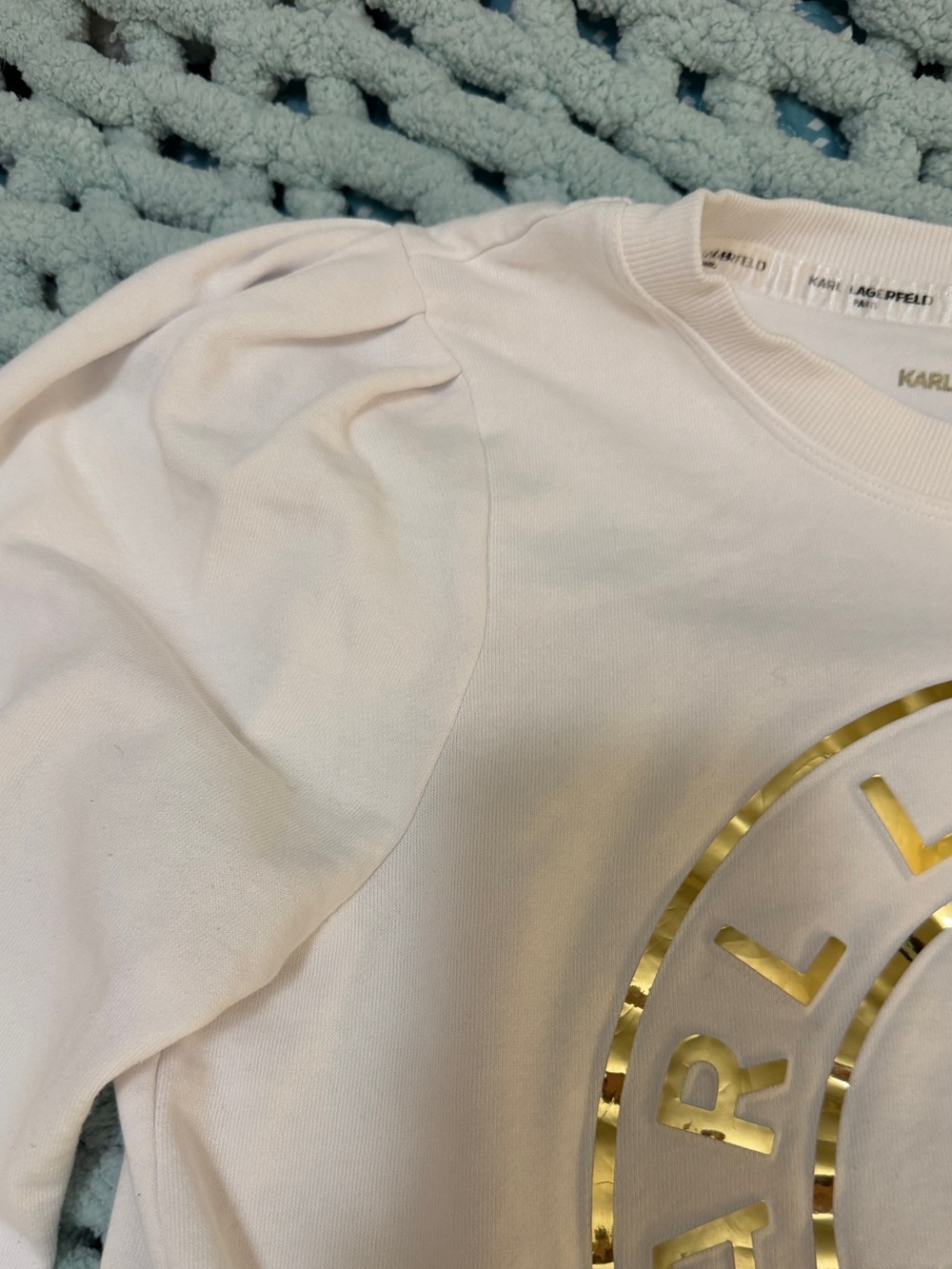 Karl Lagerfeld White Sweatshirt with Gold Lagerfeld Paris Emblem Sz Lg - Picture 8 of 15